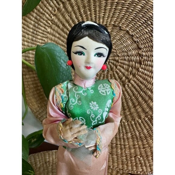 Vintage Asian Fabric Doll on Wood Base - Picture 2 of 12